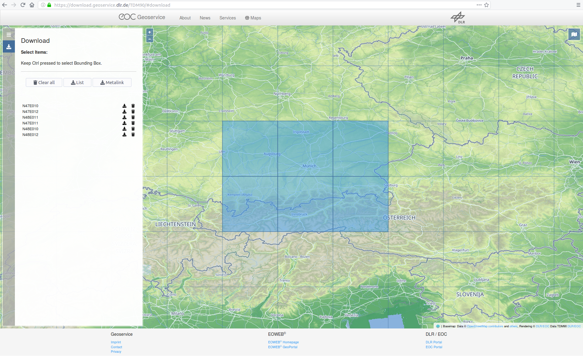 Geoservice DEM Tile selected