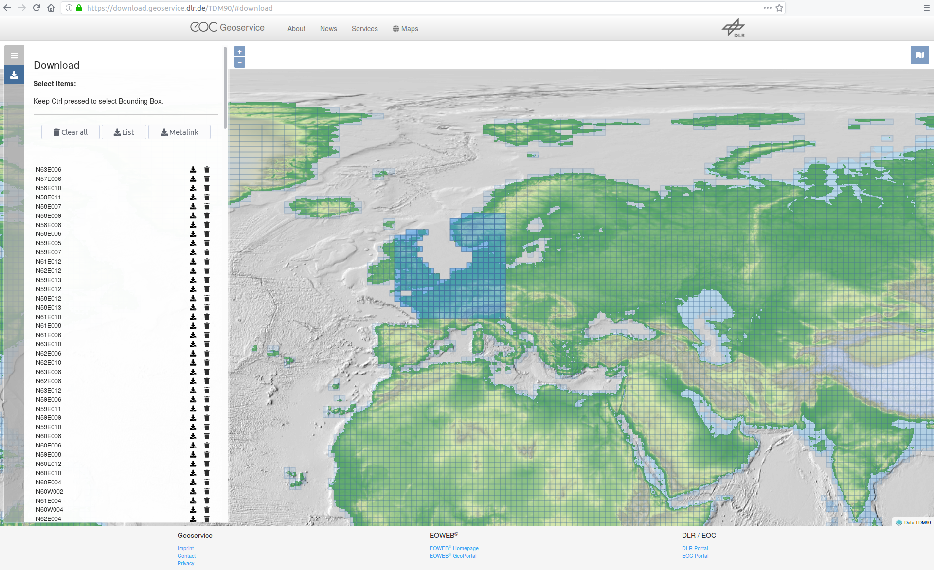 Geoservice DEM Tiles selected by rectangle